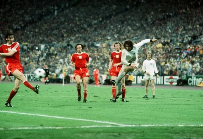 Framed Print : West Germany v Poland World Cup 1974 football Overath shooting for goal