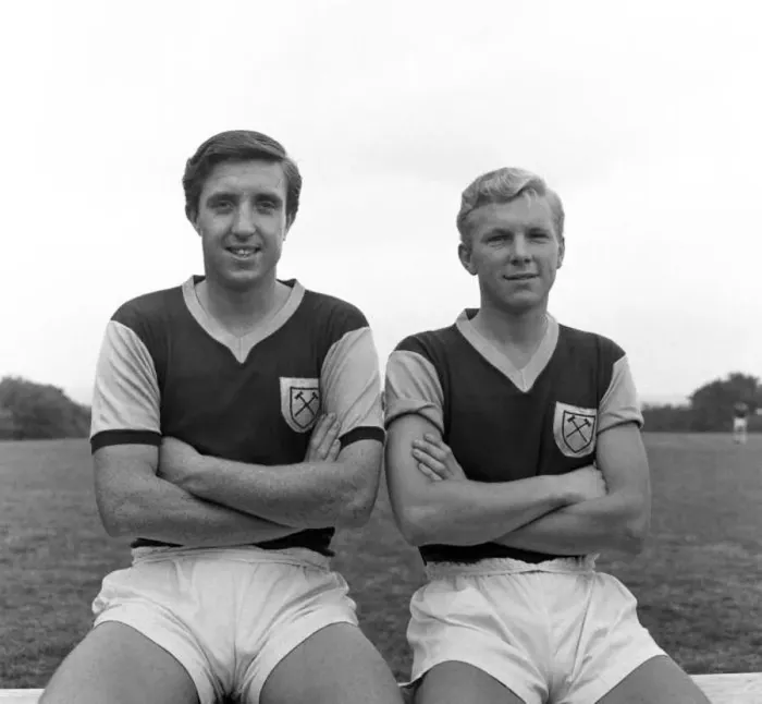 : West Ham training and portraits. John Bond and Bobby Moore 11th August 1958 : West Ham training and portraits. John Bond and Bobby Moore 11th August 1958