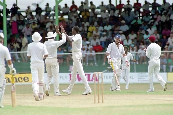 West Indies Cricket. West Indies v. England 5th Test. April 1990. Robin Smith is out