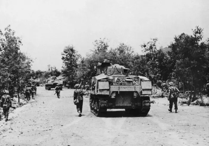 Framed Print : The West Yorks troops and tanks advance through Burmain the Imphal-Kohima area Framed Print : The West Yorks troops and tanks advance through Burmain the Imphal-Kohima area