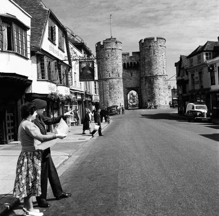 Framed Print : Westgate towers and Falstaff Inn, in Canterbury, Kent. 11th October 1952