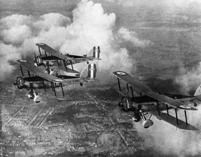Framed Print : Westland Wallaces of 501 (City of Bristol) Squadron on morning patrol above Staple Framed Print : Westland Wallaces of 501 (City of Bristol) Squadron on morning patrol above Staple
