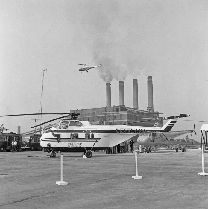 Framed Print : A Westland Whirlwind SRS. 1 helicopter G-APDY on the apron at the Battersea Heliport