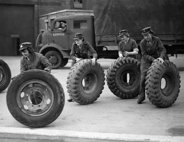 Framed Print : Who pinched the lorry? ATS girls at Western Command Ordinance factory rolling out tyres Framed Print : Who pinched the lorry? ATS girls at Western Command Ordinance factory rolling out tyres