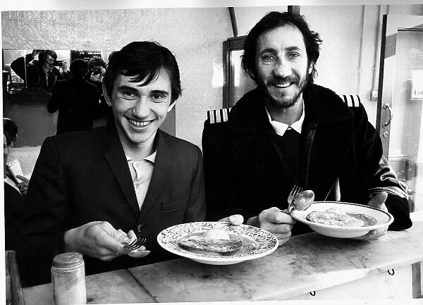 The Who pop guitarist Pete Townshend eating 1978 lunch with British actor