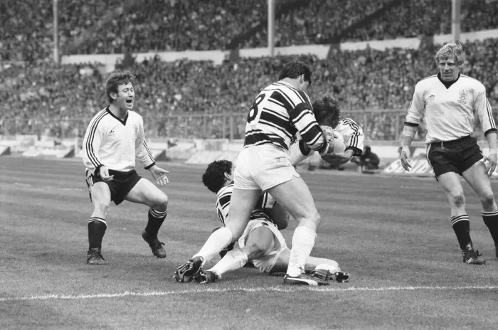 Framed Print : Widnes attack the Hull try line during the 1982 Rugby League Cup Final. 2nd May 1982 Framed Print : Widnes attack the Hull try line during the 1982 Rugby League Cup Final. 2nd May 1982