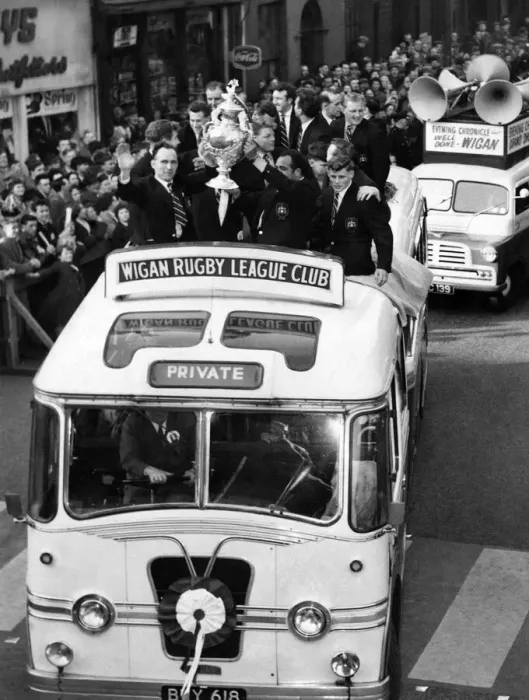 Framed Print : Wigan R. L. Team home from Wembley with Cup. The coach leaves the Town Hall to make its Framed Print : Wigan R. L. Team home from Wembley with Cup. The coach leaves the Town Hall to make its