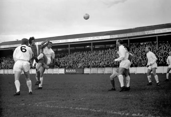 Framed Print : Wigan v Port Vale FA Cup Round One 1969 / 70 Season Wigan forward Savage heads for goals Framed Print : Wigan v Port Vale FA Cup Round One 1969 / 70 Season Wigan forward Savage heads for goals