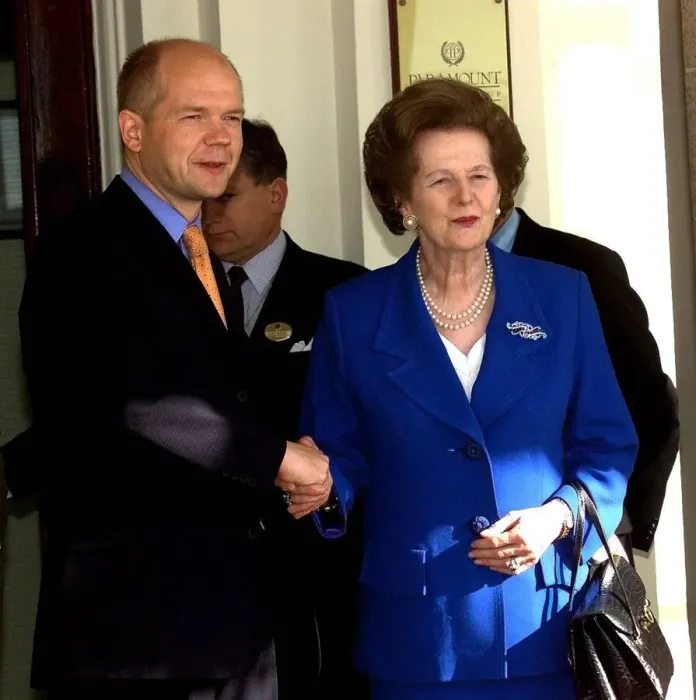 Framed Print : William Hague, Leader of the Conservative party stands alongside Lady Thatcher on her