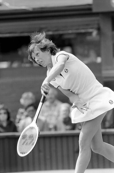 Wimbledon: 1980 2nd day. Navratilova vs. Kloss. Navratilova in action against Kloss