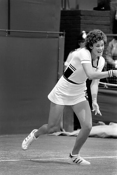Wimbledon 1980 7th day. Pam Shriver vs. B. J. King. Pam Shriver in action today (Monday)