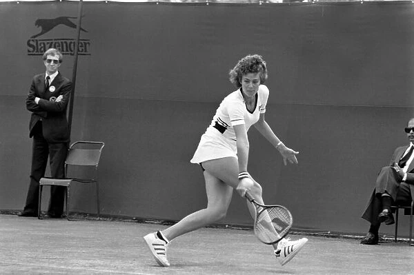 Wimbledon 1980. 7th day. Pam Shriver vs. B. J. King. Pam Shriver in action today (Monday)
