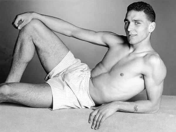 Wimbledon footballer Vinnie Jones poses in the studio wearing only a pair of boxer shorts
