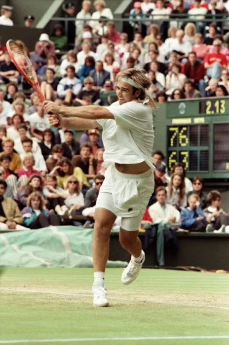Framed Print : Wimbledon Tennis. Andre Agassi in action. July 1991 91-4178-059 Framed Print : Wimbledon Tennis. Andre Agassi in action. July 1991 91-4178-059