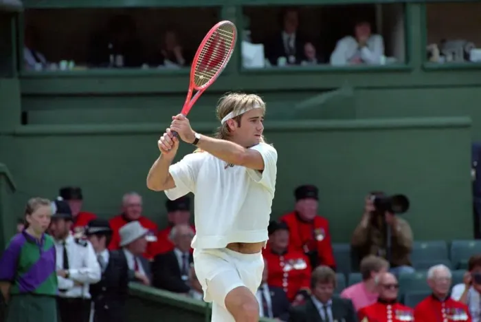 Framed Print : Wimbledon Tennis. Andre Agassi in action. July 1991 91-4218-055 Framed Print : Wimbledon Tennis. Andre Agassi in action. July 1991 91-4218-055