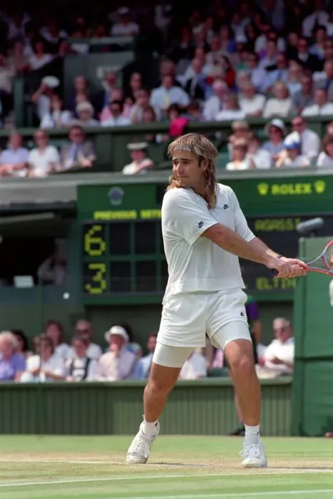 Framed Print : Wimbledon Tennis. Andre Agassi in action. July 1991 91-4218-037 Framed Print : Wimbledon Tennis. Andre Agassi in action. July 1991 91-4218-037