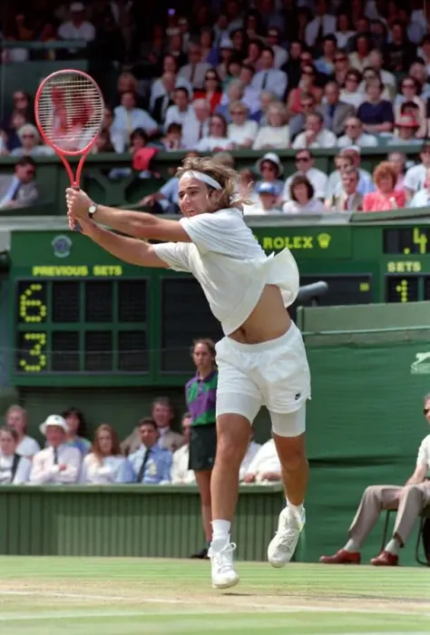 Framed Print : Wimbledon Tennis. Andre Agassi in action. July 1991 91-4218-013 Framed Print : Wimbledon Tennis. Andre Agassi in action. July 1991 91-4218-013