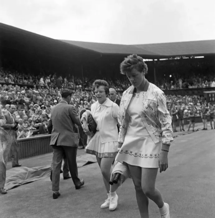 Framed Print : Wimbledon Tennis, Billie Jean Moffitt, on the left, (later King) and Margaret Smith Framed Print : Wimbledon Tennis, Billie Jean Moffitt, on the left, (later King) and Margaret Smith