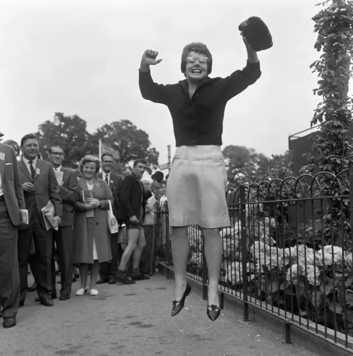 Framed Print : Wimbledon Tennis, Billie Jean Moffitt (later King) jumping for joy. 26th June 1962