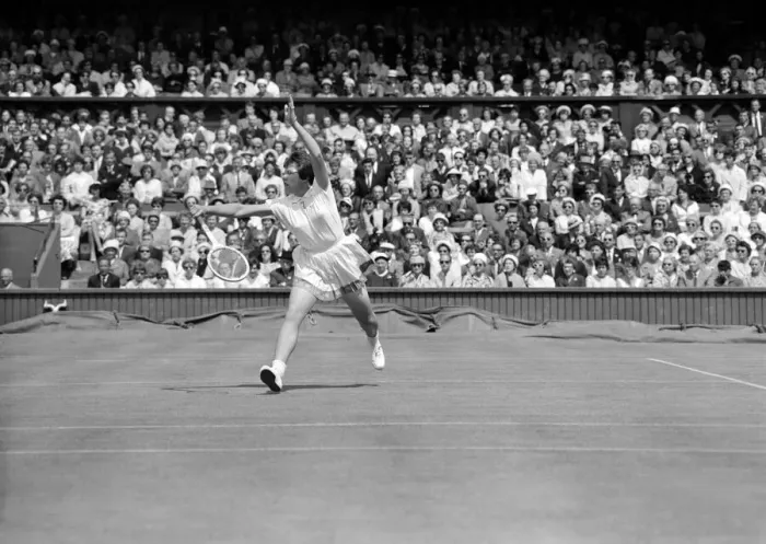 Framed Print : Wimbledon Tennis, Billie Jean Moffitt (later King) in play against Margaret Smith