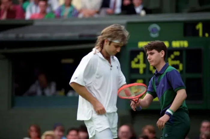 Framed Print : Wimbledon Tennis Championships. Andre Agassi in action. June 1991 91-4117-027 Framed Print : Wimbledon Tennis Championships. Andre Agassi in action. June 1991 91-4117-027