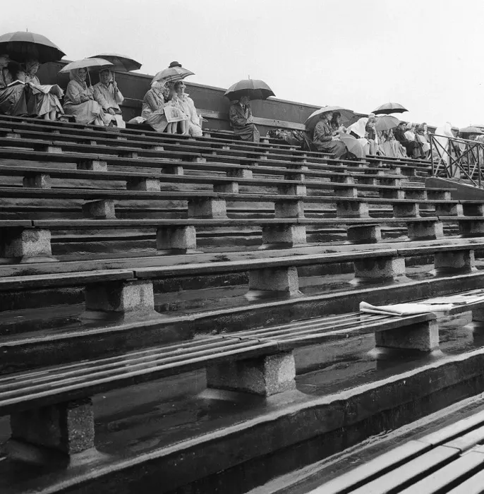 Framed Print : Wimbledon Tennis Championships July 1963 Rows of empty seats as rain Stops Play