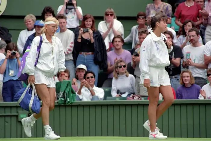 Framed Print : Wimbledon Tennis. J. Capriati and Navratilova walk onto the court. July 1991 91-4197-103