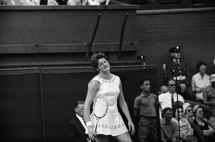 Framed Print : Wimbledon Tennis, Margaret Smith (pictured), in play against Billie Jean Moffitt Framed Print : Wimbledon Tennis, Margaret Smith (pictured), in play against Billie Jean Moffitt