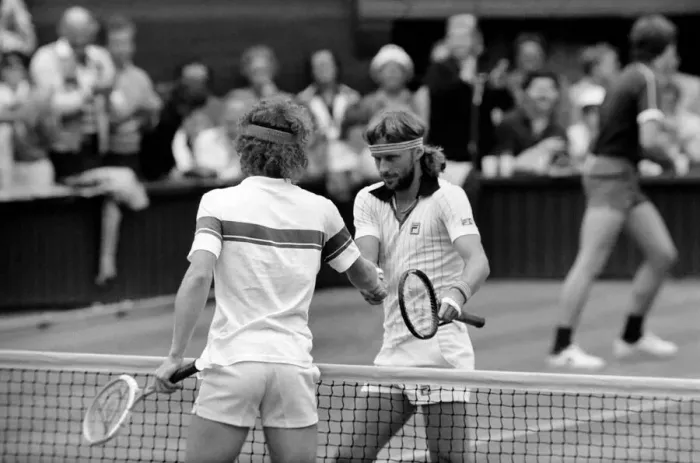 Framed Print : Wimbledon Tennis: Mens Finals 1981: Bjorn Borg congratulates John McEnroe after Framed Print : Wimbledon Tennis: Mens Finals 1981: Bjorn Borg congratulates John McEnroe after