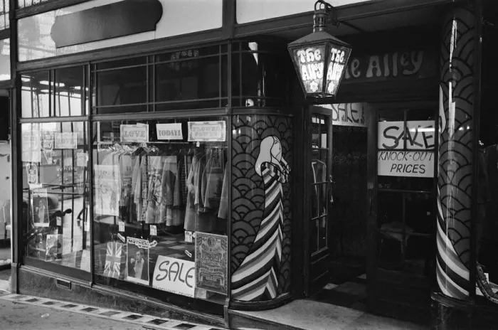 Framed Print : The front window of the Alley Boutique in Birmingham, West Midlands. 11th October 1967 Framed Print : The front window of the Alley Boutique in Birmingham, West Midlands. 11th October 1967