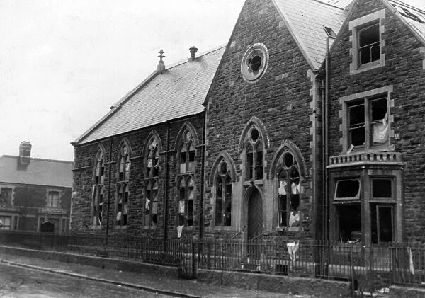 Windows broken at a chapel during an air raid on a South Wales town. Circa 1941