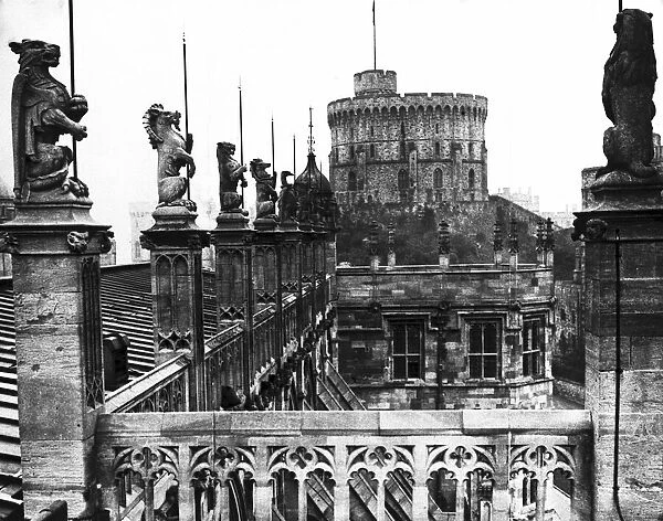 Windsor Castle, Berkshire. Kings Beasts on the roof. Circa 1930