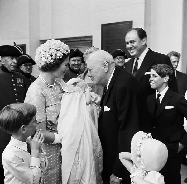 Winston Churchill attending the christening of Rupert Soames. 20th July 1959