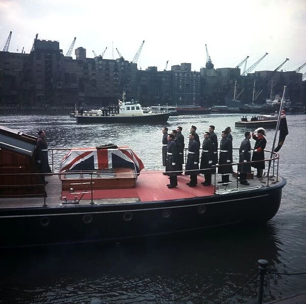 Winston Churchill coffin sails along River Thames 1965 during state funeral of