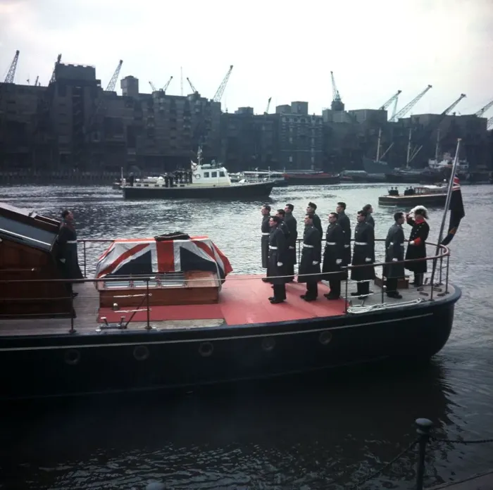 Framed Print : Winston Churchill coffin sails along River Thames 1965 during state funeral of Framed Print : Winston Churchill coffin sails along River Thames 1965 during state funeral of