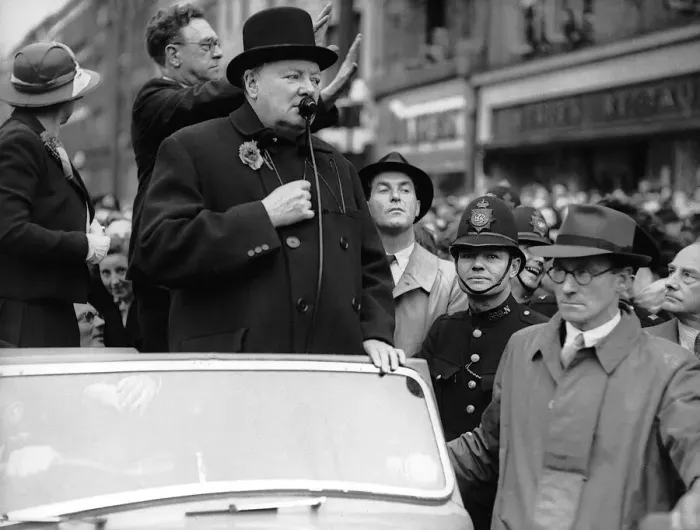 Framed Print : Winston Churchill giving election speech during the General Election campaign of 1945 Framed Print : Winston Churchill giving election speech during the General Election campaign of 1945