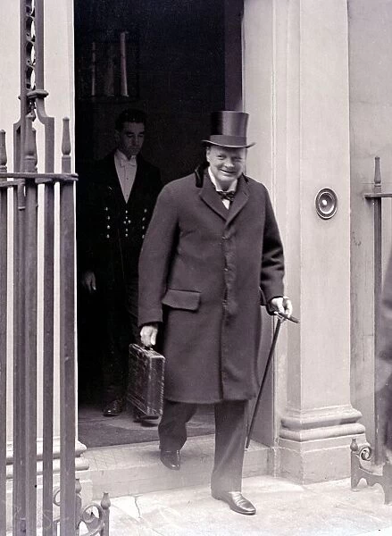 Winston Churchill Leaving No. 11 Downing Street with his budget in his dispatch case April