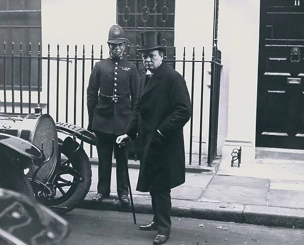 Winston Churchill outside number number 11 Downing Street during the Railway strike