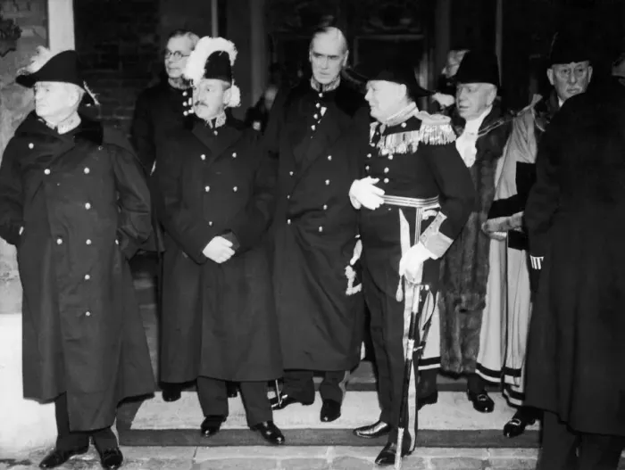 Framed Print : Winston Churchill and Sir Herbert Samuel at St James Palace for the accession council to Framed Print : Winston Churchill and Sir Herbert Samuel at St James Palace for the accession council to
