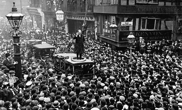 Winston Churchill speaking from the top of a car in Manchester in April 1908