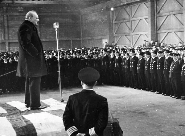 Winston Churchill speaks to men of the Merchant Navy speaks to men in Merseyside whilst