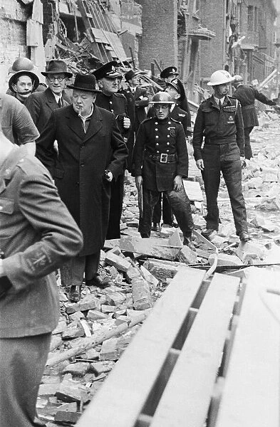 Winston Churchill at Tufton Street, Westminster after a V1 rocket landed