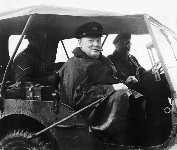 Framed Print : Winston Churchill visiting Normandy in jeep with cigar in mouth. June 1944 Framed Print : Winston Churchill visiting Normandy in jeep with cigar in mouth. June 1944