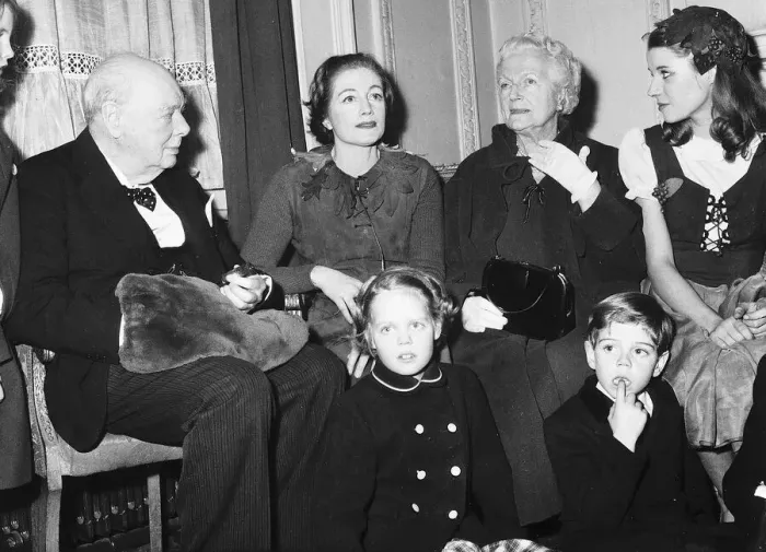 Framed Print : Winston Churchill WW2 British Prime Minister with his family at The Scala Theatre in Framed Print : Winston Churchill WW2 British Prime Minister with his family at The Scala Theatre in