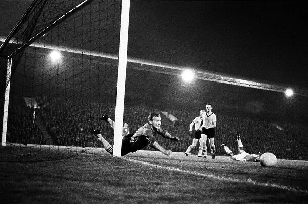 Wolves 1 V. Liverpool 3. First Division. Finlasson pushes a Roger Hunt shot past