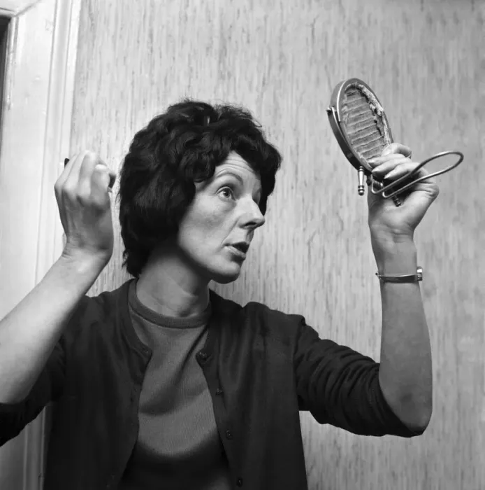 Framed Print : Woman with a bald head, with her wig. November 1969 Z11155-006 Framed Print : Woman with a bald head, with her wig. November 1969 Z11155-006
