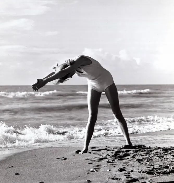 Framed Print : Woman exercising on beach. December 1964 1960s *** Local Framed Print : Woman exercising on beach. December 1964 1960s *** Local