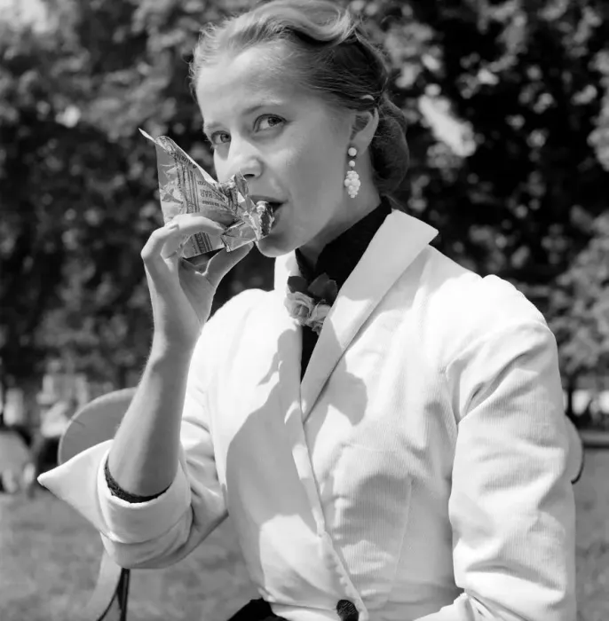 Framed Print : Woman: Food: Kirshan Simone seen here eating a chocolate bar. August 1953 D4094 Framed Print : Woman: Food: Kirshan Simone seen here eating a chocolate bar. August 1953 D4094