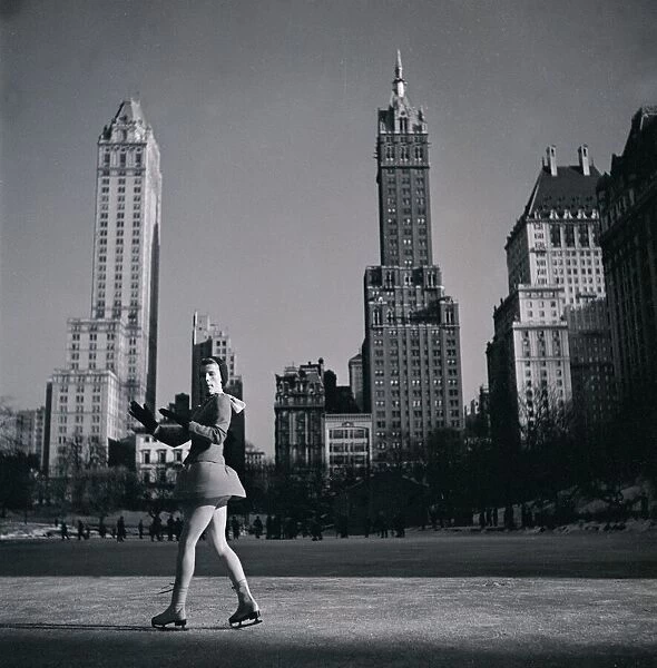 A woman ice skating in Central park, New York 1963
