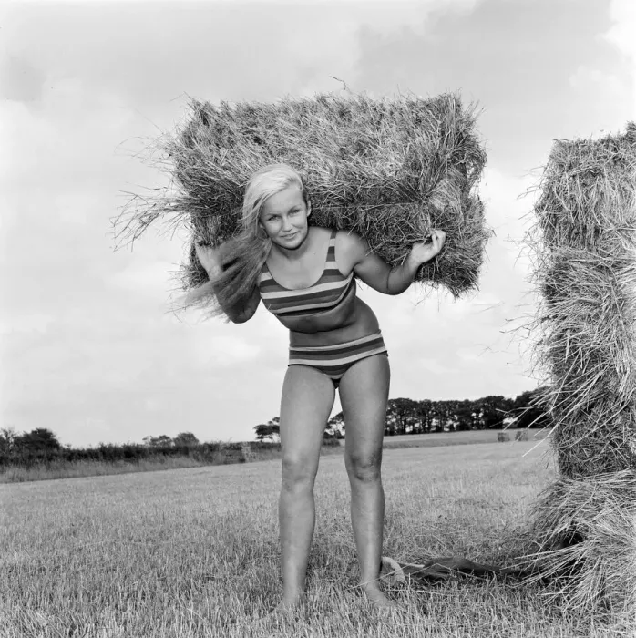 Framed Print : Woman modelling beachwear in a field during harvest